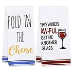 Hioph Funny Kitchen Towel, 2Pcs Cotton Tea Towels Housewarming Baking Gift, Waffle Weave Kitchen Decor Cheese Wine Cup Dish Towels Premium Absorbent Quickly Dry and Durable