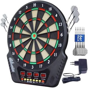 Elektronische Dartscheibe Set Elektrische Dartboard mit Sprachansagen, 4 LED-Anzeigen, 6 Dartpfeil, 27 Spiele 243 Spieloptionen Profi E-Dart Board für Hause Partys Garten Bar 1-16 Spieler, Dunkel
