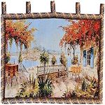 Tache 27 x 44" Inches Large Fine Art Wall Hanging Beachfront Patio Table for Two Italian Mediterranean Coastal Villa Seaside Horizon Scenic Ocean View Jacquard Tapestry Home Décor