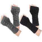 Loritta 2 Pairs Womens Fingerless Gloves Winter Warm Knit Crochet Thumbhole Arm Warmers,Black/Dark Gray(2 Pairs)