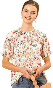 Allegra K Women's Ruffled Short Sleeve Floral Mock Neck Ruffle Summer Top Blouse White Large