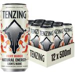 TENZING Super Natural Energy Drink, Fiery Mango, 160MG Caffeine, Vitamin D, Magnesium, Mushrooms, Plant Based, Vegan, & Gluten Free, 500ml (Pack of 12) - Packaging may vary