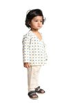 POLKA TOTS 100% Regular Fit Super Soft Cotton Full Sleeve Elephant Print Front Open Angrakha Kedia Pant Set - Cream