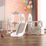 FUKEA Kids Bus Slide, Large Swing and Slide Set with Climbing Frame Basketball Hoop for Toddlers Age 1-3, Baby Swing Slide Indoor Outdoor Use, Garden Slides(Beige Grey with Swing)