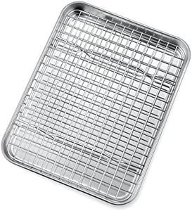 10.4 Inch Toaster Oven Pan with Rack Set, P&P CHEF Stainless Steel Small Baking Pan Tray and Grid Cooling Rack for Cooking/Roasting, A Pan and A Rack, Dishwasher Safe & Easy to Clean & Non-toxic