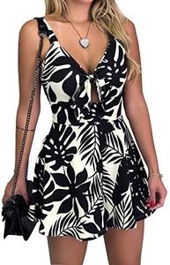 Relipop Women's Jumpsuits Floral Print Spaghetti Straps Sleeveless V Neck Front Tie Knot Rompers 2026 Beach Vacation Outfits White Small