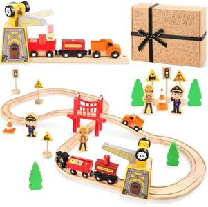 COOLJOYA Wooden Train Set,39 Pcs Wooden Train Ttrack for Kids, Wooden Toys for 2 3 4 5 Year Olds, Best Gift for Boys and Girls for Chrismas