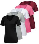 CE' CERDR 5 Pack Workout Shirts for Women, Moisture Wicking Quick Dry Active Athletic Women's Gym Performance T Shirts, 5 Pack Black, White, Light Grey, Pink, Dark Red, Large