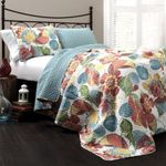 Lush Decor Floral Leaf Print 3 Piece Reversible Bedding Set, Cotton, Orange & Blue, King