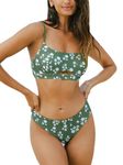 CUPSHE Women Swimsuit Bikini Sets Reversible Square Neck Cutout Mid Rise Daisy Floral Bathing Suit Swimming Costume Green/Floral XS