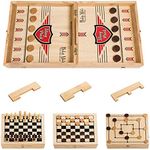 Fast Sling Puck Game Large 4 in 1, 23.6x11.8x1.1in with Three Swappable Gates, Wooden Desktop Ice Hockey Table Game for Kids and Adults, Chess, Checkers, Nine Mens Morris, Foosball Slingshots