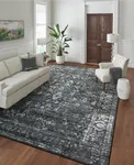 Morebes Vintage Black Living Room Rug, Machine Washable Area Rugs 8x10 for Bedroom, Non-Slip Soft Distressed Floral Extra Large Carpet for Indoor Floor Dining Room Playroom Home Office