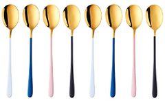 OLWICK® 8 PCS 304 Stainless Steel Round Head Soup Spoons, Modern Thick Long Handle Dinner Spoons for Soup,Dessert,Milk,Tea,Coffee (Gold)