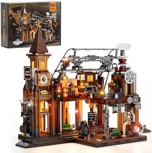 Funwhole Train-Station Lighting Building Bricks Set - Steampunk Train Station LED Light Building Set 1843 Pieces for Adults and Teens