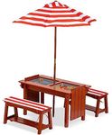 BRINJOY Kids Picnic Table with Umbrella, Outdoor Wooden Table & Bench Set w/Cushions & 2 Removable Boxes, 4-in-1 Children Sand and Water Activity Table w/Storage Cover for Patio, Garden, Backyard