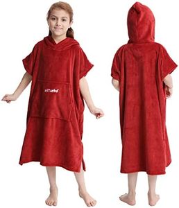 Hiturbo Kids Towel Changing Robe: Soft Plush Bath Towels - Warm Coral Fleece Hoodie - Swim Surf Poncho for 5-12 Years (Red)