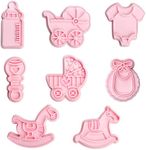 Crethink Baby Shower Cookie Cutters-8Pcs Bayby Shower Cookie Cutter Set Shapes of Stroller,Feeding Bottle,Cradle,Rocking Horse*2,Rattle,Onesies,Bib-3D Plastic Baby Shower Cookie Moulds Cookie Stamps.