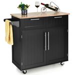 GiantexUK Kitchen Island on Wheels, Rolling Storage Trolley with Rubber Wood Countertop, Adjustable Shelves & Towel Rack, Utility Serving Cart for Home Kitchen Dining Living Room (Black Body)