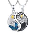 XIXLES Mountains Sea Couples Necklace 925 Sterling Silver Yin Yang Matching Couples Necklaces for 2, Mountains Sea and Sun Couple Necklace, Friendship Couple Jewelry Gifts for Best Friend Couples Family