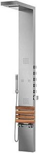 Pulse ShowerSpas 1035 Oahu ShowerSpa Panel with 7" Rain/Waterfall Showerhead, 4 Body Spray Jets in 2-Sizes, Hand Shower, Folding Teak Seat/Shelf, Brushed Stainless Steel Finish