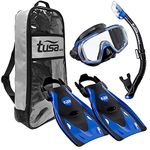 TUSA Sport Adult Black Series Visio Tri-Ex Mask, Dry Snorkel, and Fins Travel Set, Black/Metallic Blue, Medium
