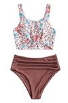 ZAFUL Women's High Waisted Bikini Scoop Neck Swimsuit Two Pieces Bathing Suit, Plant Print-chestnut, Medium