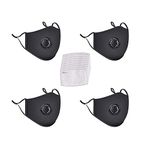 4 Pack Face Mask with 10 Cotton Filter Sheet,Washable Reusable Masks with Breathing Valve-Black