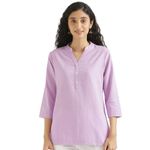 SAADAA Women Short Kurti Airy Linen Regular Fit Kurta with 3/4th Sleeves, Mandarin Collar, Side Slit Perfect for Casual, Formal, and Ethnic Wear (SDFSKLI_L) Lilac