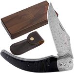 YOUSUNLONG Pocket Knife - Folding Knife - Overall 205mm - Japanese Damascus Steel Blade -Natural Black Buffalo Horn Handle with Leather sheath and walnut wooden Knife Box