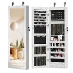 sogesfurniture Lockable Wooden Jewelry Cabinet Mirror Cabinet Chest Armoire Wardrobe Storage Organizer, Armoire Organizer with 6 LED Light, White BHCA-QH-7025