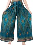 B BANGKOK PANTS Women's Boho Palazzo Pants Wide Leg Lounge Pants with Pocket (One Size, Green Peacockeye)