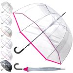 60MPH Rare Automatic Clear Umbrella - Windproof Dome Umbrella Strong - See Through Transparent Clear Plastic Canopy - Best for Visibility - Designer Fiberglass Men Women - Pink Trim