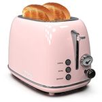 Toaster 2 slice, KitchMix Retro Stainless Steel Toaster with 6 Settings, 1.5 In Extra Wide Slots, Bagel/Defrost/Cancel Function, Removable Crumb Tray (Baby pink)