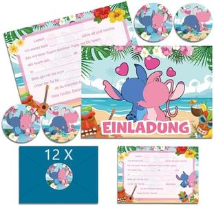 OVOparty 12 x Stitch Invitation Cards Children's Birthday Boy with Envelope German, Stitch Birthday Invitations Boys, Cartoon Invitation Cards Birthday Set for Themed Party (A6) (A)