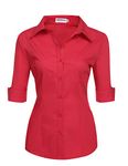 HOTOUCH Blouse Women Formal Work Wear 3/4 Sleeve Cotton Fitted Shirt Office Shirts Button Down V-Neck Tops Red XL