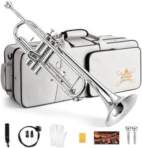 STRICH Bb Standard Trumpet Set for Beginners, Brass Student Trumpet Instrument with Hard Case, Cleaning Kit, 7C & 3C Mouthpieces, Gloves - STR-1S, Silver