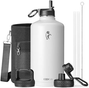 Coolflask 128 oz Gallon Water Bottle Insulated with Straw &3 Lids, Water Jug Large Stainless Steel Metal Vacuum Wide Mouth for Sports, Gym or Office, Non-BPA Keep Cold 48H Hot 24H, White