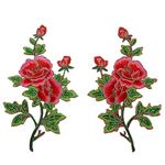 Ximkee 1 Pair Peony Rose Flowers Buds on Vines with Gold Trimming Embroidered Appliques Sew Iron on Patches (Red)