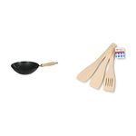 Dexam 12108411 Non Stick Carbon Steel Wok with Wood Handle 27cm/10.5 -inch, Black (Non-Stick Coating) & Tala Wooden Spatula Set