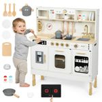 Mamabrum Wooden Play Kitchen, Children's Play Kitchens & Toddler Set, Playset for Kids 3+ with LED Lights, Interactive Toy with Microwave, Dishwasher, Coffee Machine, Oven, Sink & Accessories