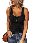 BTFBM Women's Summer Ribbed Tank Tops Crew Neck Button Down Slim Fit Basic Sleeveless Tunic Blouse Casual Henley Shirts, Sleeveless Black, Medium