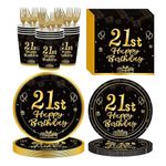 120Pcs 21st Birthday Party Supplies Plates Napkins Cups Forks Tableware Set Gold Black Happy 21st Birthday Themed Disposable Tableware Decoration Serves 24 Guests for Men Women 21 Years