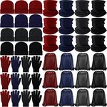 48 Pieces Bulk Winter Beanies Hat Gloves Scarves Neck Warmers Drawstring Backpack Bag Set Unisex Homeless Care Package, 4 Colors, 、, L