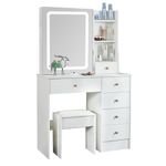 LED Vanity Desk with Lights and Mirror, Makeup Desk Dressing Table Vanity Set with LED Lighted Mirror, Storage Drawers, Small Chair Stool, Vanity Table Set for Teen Girls, White Vanity