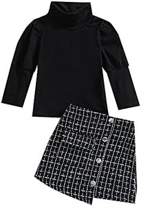 Kupretty Toddler Baby Girl Fall Winter Clothes Turtleneck Solid Knit Pullover Tops Plaid Button A-Line Skirts Set Outfits (Black Plaid Skirt Set, 18-24 Months)