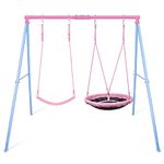 Kiriner Swing Set for Backyard, 440lbs Swing Set with Heavy-Duty A-Frame Metal Outdoor Swing Stand, 1 Saucer Swing Seat & 1 Wooden Swing seat for Playground, Backyard Pink