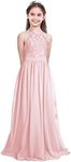 TiaoBug Girls Halter Neck Lace Chiffon Flower Dress Wedding Bridesmaid Pageant Party Prom Ball Maxi Gown Pearl Pink 14