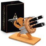 Spartan Knife Block- Complete Damascus Style Knife Set for Men- 5 Chef Knives, Knife Sharpener & Bamboo Spartan Knife Holder. Funny Stabbed Man Knife Holder- Unique Knife Block - Person Knife Holder