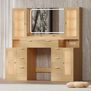 Fluted Makeup Vanity Desk with Mirror and Lights, 55" Glass Top Vanity with 8 Drawers & 4 RGB Glass Cabinets, Adjustable Shelves & Power Outlet, Modern Dressing Table Set for Women Girls Bedroom