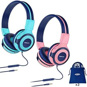 SIMOLIO 2 Pack Headphones for Kids with Mic, 75dB/85dB/94dB Safe Volume Limit, Wired Headphones for Girls Boys Children with Share Jack, On-Ear Headphones for School Tablet Laptop Travel (Mint,Pink)